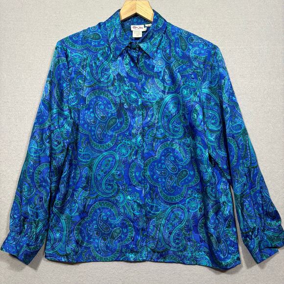 TanJay Blouse 10P Blue Green Paisley Floral Button Artsy Retro Statement Bold - Picture 1 of 5